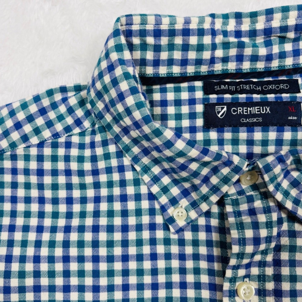 Cremieux Button Mens XL SLIM Teal Blue White Gingham Fit Stretch Oxford‎ Preppy